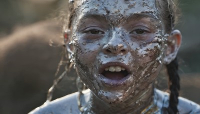 1girl,solo,long hair,looking at viewer,open mouth,brown hair,black hair,brown eyes,braid,teeth,dark skin,blurry,black eyes,twin braids,lips,blurry background,portrait,realistic,dirty,dirty face,1boy,jewelry,male focus,necklace,depth of field,close-up