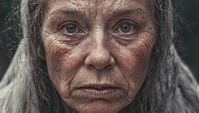 solo,looking at viewer,1boy,closed mouth,grey hair,male focus,parted lips,teeth,lips,grey eyes,facial hair,portrait,close-up,realistic,old,old man,old woman,wrinkled skin,black eyes,veil