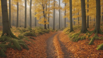 outdoors,day,tree,no humans,leaf,sunlight,grass,nature,scenery,forest,autumn leaves,autumn,road,orange theme