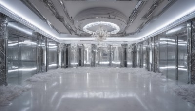 indoors,signature,no humans,window,scenery,reflection,science fiction,light,pillar,ceiling,hallway,ceiling light,monochrome,greyscale,building,reflective floor,grey theme