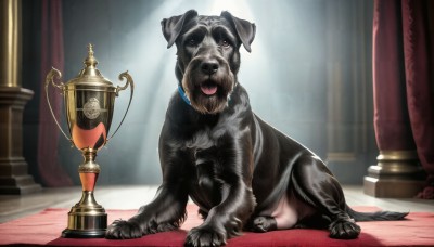 HQ,solo,brown eyes,full body,tongue,indoors,tongue out,collar,no humans,animal,curtains,dog,realistic,lamp,animal focus,looking at viewer,open mouth,sitting,pillar,animal collar,spotlight,carpet,rug,column