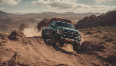 outdoors,sky,day,cloud,no humans,cloudy sky,ground vehicle,scenery,motor vehicle,smoke,mountain,car,road,vehicle focus,desert,dust,truck,solo,shadow,rock,sand