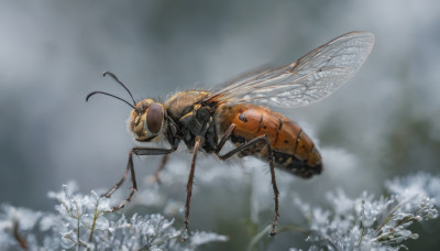 flower, outdoors, wings, blurry, no humans, depth of field, animal, bug, flying, realistic, antennae, insect wings