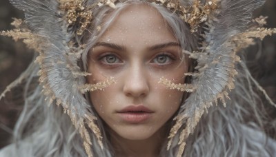 1girl,solo,long hair,looking at viewer,hair ornament,brown eyes,closed mouth,white hair,grey hair,parted lips,blurry,lips,grey eyes,eyelashes,depth of field,blurry background,feathers,head wings,portrait,close-up,freckles,realistic,nose,crown