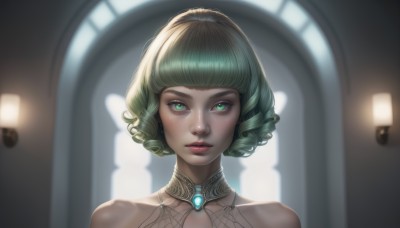 tatsumaki,1girl,solo,looking at viewer,short hair,bangs,bare shoulders,jewelry,green eyes,collarbone,parted lips,green hair,shiny,artist name,indoors,blunt bangs,blurry,lips,eyelashes,blurry background,portrait,freckles,curly hair,realistic,blush,upper body,gem,backlighting,nose,light