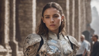 1girl,long hair,looking at viewer,blue eyes,brown hair,brown eyes,closed mouth,upper body,multiple boys,solo focus,armor,blurry,lips,dutch angle,depth of field,blurry background,wavy hair,expressionless,shoulder armor,pauldrons,breastplate,realistic,blonde hair,jewelry,earrings