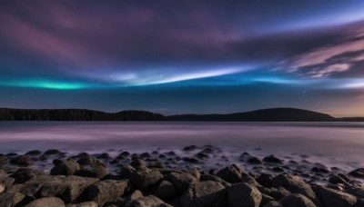 outdoors,sky,cloud,water,tree,no humans,night,ocean,beach,star (sky),night sky,scenery,starry sky,sunset,rock,sand,horizon,waves,landscape,shore,mountain,shooting star,aurora