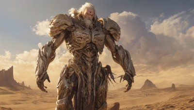 solo,looking at viewer,1boy,closed mouth,standing,white hair,male focus,cowboy shot,outdoors,sky,day,cloud,armor,facial hair,scar,cloudy sky,shoulder armor,gauntlets,beard,pauldrons,breastplate,sand,manly,old,old man,closed eyes,blue sky,scenery,scar on face,rock,mountain,realistic,fantasy,scar across eye,arms at sides,desert