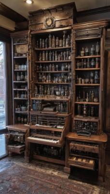 indoors,cup,no humans,window,chair,table,bottle,instrument,scenery,alcohol,wooden floor,clock,bookshelf,lamp,stool,shelf,piano,bar (place),ceiling light,day,drinking glass,glass,cabinet,grand piano