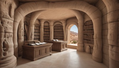 sky,day,indoors,tree,book,no humans,window,chair,sunlight,scenery,stairs,bookshelf,pillar,book stack,statue,library,column,table,plant,ruins,landscape,arch