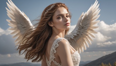 1girl,solo,long hair,breasts,looking at viewer,blue eyes,brown hair,dress,bare shoulders,medium breasts,closed mouth,upper body,outdoors,wings,sky,sleeveless,day,looking back,cloud,white dress,blurry,from side,blue sky,lips,depth of field,blurry background,cloudy sky,wind,feathered wings,angel wings,mountain,realistic,nose,white wings,angel,parted lips,head wreath