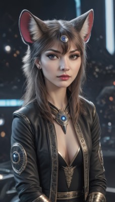 1girl,solo,long hair,breasts,looking at viewer,bangs,brown hair,long sleeves,dress,animal ears,cleavage,brown eyes,jewelry,medium breasts,closed mouth,jacket,upper body,earrings,small breasts,open clothes,cat ears,blurry,black dress,open jacket,lips,black jacket,animal ear fluff,grey eyes,makeup,depth of field,blurry background,lipstick,brooch,gem,eyeshadow,freckles,realistic,nose,red lips,bokeh,black hair,artist name,necklace,extra ears