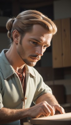 solo,blue eyes,blonde hair,shirt,1boy,closed mouth,white shirt,upper body,male focus,collared shirt,indoors,hair bun,blurry,buttons,blurry background,facial hair,single hair bun,red shirt,beard,realistic,mustache,stubble,old,old man,arm hair,short hair,brown hair,signature,vest,lips,grey eyes,dress shirt,depth of field,sunlight,short ponytail,nose,chest hair