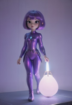 1girl,solo,breasts,looking at viewer,smile,short hair,bangs,holding,closed mouth,standing,full body,purple hair,small breasts,shiny,blunt bangs,black eyes,lips,bodysuit,bob cut,gem,skin tight,walking,shiny clothes,lantern,latex,purple bodysuit,latex bodysuit,multicolored hair,makeup,child,female child,purple footwear