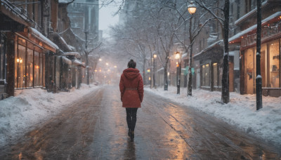 1girl, solo, black hair, standing, pantyhose, boots, outdoors, hood, from behind, tree, coat, building, scenery, snow, walking, snowing, hands in pockets, facing away, road, winter, lamppost, red coat, bare tree, street, vanishing point