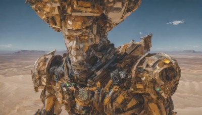 solo,1boy,upper body,outdoors,sky,day,cloud,armor,blue sky,no humans,robot,mecha,1other,science fiction,sand,desert,standing,realistic,damaged,looking ahead