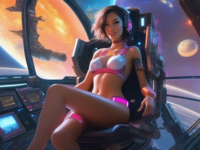 1girl,solo,breasts,looking at viewer,smile,short hair,brown hair,black hair,navel,brown eyes,jewelry,medium breasts,sitting,swimsuit,bikini,parted lips,one eye closed,choker,midriff,dark skin,bracelet,dark-skinned female,lips,thigh strap,headphones,chair,crossed legs,armlet,headset,science fiction,realistic,pink bikini,space,monitor,planet,earth (planet),spacecraft,cockpit,bare shoulders,collarbone,signature,stomach,bra,crop top,window,star (sky),backlighting,nose,holographic interface