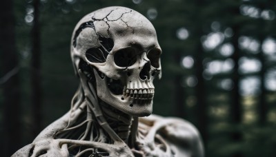 solo,1boy,male focus,teeth,blurry,no humans,depth of field,blurry background,portrait,1other,skull,skeleton,monochrome,upper body,helmet,realistic,alien