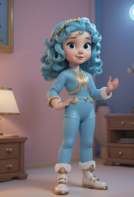 1girl,solo,long hair,looking at viewer,smile,blue eyes,blue hair,standing,full body,hairband,boots,indoors,hand up,flat chest,lips,hand on hip,fur trim,loli,blurry background,white footwear,child,desk,freckles,curly hair,female child,lamp,long sleeves,green hair,artist name,blurry,bodysuit,tiara,aged down,drawer