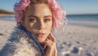 1girl, solo, looking at viewer, short hair, blue eyes, pink hair, multicolored hair, outdoors, parted lips, day, blurry, lips, fur trim, blurry background, ocean, beach, portrait, realistic, nose