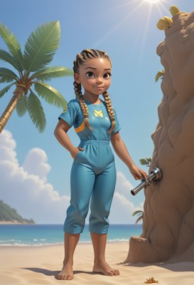 1girl,solo,long hair,breasts,looking at viewer,smile,brown hair,shirt,black hair,holding,twintails,brown eyes,standing,full body,weapon,braid,short sleeves,small breasts,outdoors,sky,barefoot,day,pants,cloud,dark skin,water,twin braids,feet,dark-skinned female,tree,blue sky,lips,gun,toes,shadow,ocean,beach,blue shirt,child,hand in pocket,sand,palm tree,sun,horizon,female child,overalls,crab,closed mouth,artist name,hand on hip,low twintails,sunlight,hair over shoulder,forehead,light rays,nose,sunbeam,dirty,shell,seashell,coconut,thick lips