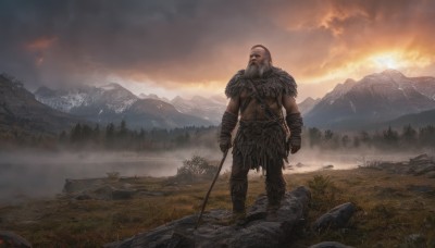 solo,gloves,1boy,holding,standing,full body,weapon,male focus,boots,outdoors,sky,pants,cloud,water,holding weapon,armor,tree,muscular,facial hair,cloudy sky,grass,shoulder armor,nature,scenery,beard,forest,sunset,rock,mountain,mustache,sun,bald,old man,river,mountainous horizon,from behind,tattoo,bandages,gauntlets,pauldrons,realistic,fantasy,wide shot