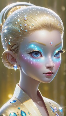 1girl,solo,looking at viewer,blush,short hair,blue eyes,blonde hair,hair ornament,jewelry,closed mouth,collarbone,upper body,earrings,artist name,hair bun,blurry,lips,eyelashes,sparkle,makeup,glowing,facial mark,single hair bun,lipstick,gem,portrait,light particles,eyeshadow,freckles,crystal,nose,red lips,eyeliner,forehead jewel,hair pulled back,blue gemstone,mascara,updo,watermark,glint