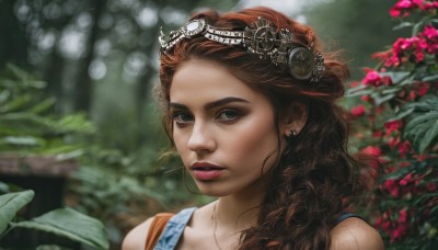 1girl,solo,long hair,looking at viewer,blue eyes,brown hair,hair ornament,jewelry,flower,earrings,parted lips,blurry,lips,eyelashes,makeup,depth of field,blurry background,tiara,plant,lipstick,portrait,freckles,curly hair,realistic,nose,outdoors,necklace,sunlight,nature