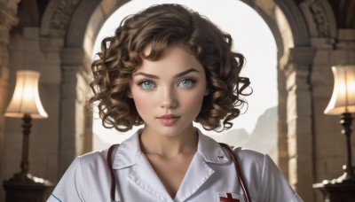 1girl,solo,looking at viewer,short hair,blue eyes,brown hair,shirt,closed mouth,collarbone,white shirt,upper body,parted lips,collared shirt,indoors,medium hair,blurry,lips,eyelashes,depth of field,blurry background,wavy hair,portrait,curly hair,realistic,nose,lamp,smile,makeup,cross,backlighting,arch