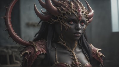 HQ,1girl,solo,long hair,breasts,looking at viewer,black hair,red eyes,cleavage,medium breasts,closed mouth,collarbone,tail,upper body,horns,armor,blurry,lips,blurry background,colored skin,demon girl,demon horns,shoulder armor,portrait,pauldrons,grey skin,black lips,parted lips,makeup,helmet,lipstick,realistic,red lips