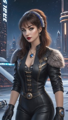 1girl,solo,long hair,breasts,looking at viewer,bangs,brown hair,gloves,cleavage,brown eyes,jewelry,medium breasts,jacket,ponytail,cowboy shot,hairband,earrings,outdoors,parted lips,sky,black gloves,belt,pants,necklace,mole,lips,black jacket,grey eyes,fur trim,makeup,night,wavy hair,black pants,lipstick,building,gem,star (sky),night sky,snow,pendant,sleeves rolled up,starry sky,snowing,city,red lips,leather,blue eyes,standing,weapon,artist name,bodysuit,ground vehicle,motor vehicle,realistic,car,cityscape,blue hairband,leather jacket