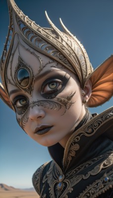 1girl,solo,looking at viewer,brown eyes,jewelry,yellow eyes,earrings,outdoors,parted lips,sky,day,blue sky,lips,eyelashes,makeup,mask,helmet,lipstick,gem,portrait,desert,black lips,tattoo,feathers,close-up,eyeshadow,realistic,nose,headdress,feather hair ornament,facial tattoo,mascara