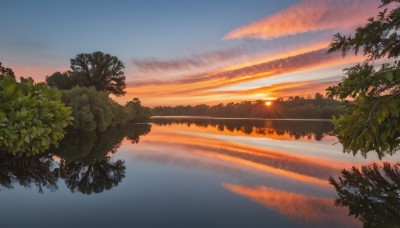 outdoors,sky,cloud,water,tree,blue sky,no humans,leaf,sunlight,cloudy sky,nature,scenery,forest,reflection,sunset,sun,horizon,river,evening,lake,gradient sky,orange sky,reflective water,ocean,plant,landscape