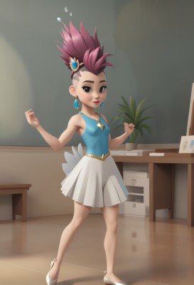 1girl,solo,breasts,looking at viewer,smile,short hair,skirt,brown hair,bare shoulders,brown eyes,jewelry,closed mouth,standing,collarbone,full body,pink hair,pleated skirt,earrings,small breasts,sleeveless,indoors,high heels,leotard,lips,hands up,bare arms,makeup,table,white footwear,white skirt,blue shirt,plant,spiked hair,gem,wooden floor,shirt,hair ornament,shoes,artist name,miniskirt,necklace,black eyes,shadow,watermark,web address