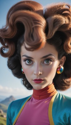 1girl,solo,looking at viewer,short hair,brown hair,shirt,brown eyes,jewelry,closed mouth,green eyes,upper body,earrings,outdoors,sky,day,artist name,medium hair,blurry,blue sky,lips,eyelashes,makeup,blurry background,lipstick,portrait,freckles,curly hair,pink shirt,realistic,nose,red lips,cloud,signature,depth of field,mountain,big hair