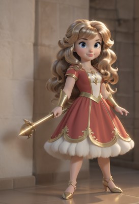 1girl,solo,long hair,breasts,looking at viewer,smile,blue eyes,blonde hair,brown hair,dress,holding,jewelry,closed mouth,standing,full body,weapon,short sleeves,small breasts,necklace,high heels,bracelet,lips,wavy hair,red dress,staff,child,curly hair,gold trim,wand,shoes,aged down,female child