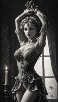 1girl,solo,breasts,looking at viewer,blush,smile,short hair,dress,cleavage,jewelry,medium breasts,standing,collarbone,monochrome,greyscale,cowboy shot,earrings,parted lips,artist name,indoors,armpits,blurry,arms up,lips,window,makeup,watermark,tiara,web address,armlet,spot color,curly hair,candle,candlestand,candlelight,gloves,frills,pussy,mole,no panties,blurry background,bottomless,facial mark,piercing,curtains,corset,realistic,forehead jewel,showgirl skirt