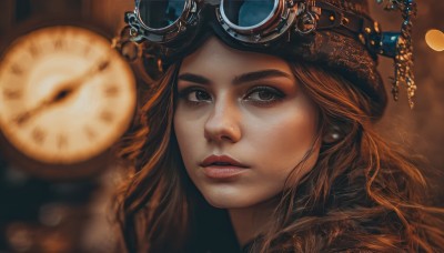 1girl,solo,long hair,looking at viewer,brown hair,hat,brown eyes,jewelry,earrings,parted lips,teeth,artist name,blurry,black eyes,lips,eyelashes,depth of field,blurry background,goggles,portrait,freckles,goggles on head,realistic,nose,clock,red lips,gears,goggles on headwear,steampunk,gloves,makeup,watermark,web address,close-up