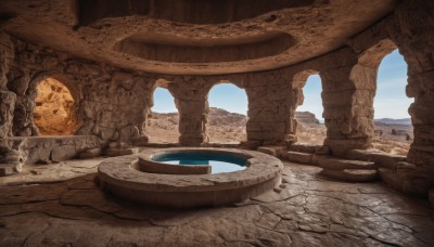 outdoors,sky,day,cloud,water,tree,blue sky,no humans,building,scenery,rock,fantasy,sand,watercraft,ruins,bridge,pillar,desert,arch,stone,column