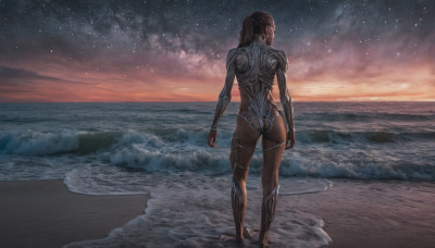 1girl, solo, long hair, ass, outdoors, sky, barefoot, water, from behind, armor, bodysuit, night, ocean, beach, star (sky), starry sky, science fiction, realistic, sand, horizon