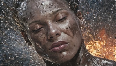 1girl,solo,short hair,black hair,closed mouth,closed eyes,parted lips,water,blurry,lips,wet,portrait,facing viewer,rain,realistic,dirty,1boy,male focus,artist name,close-up,freckles,debris