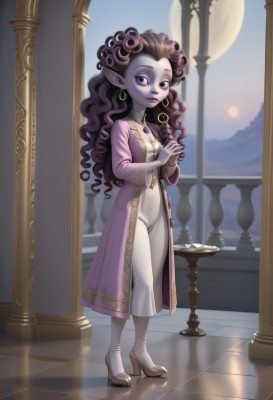 1girl,solo,long hair,breasts,looking at viewer,smile,brown hair,long sleeves,dress,holding,cleavage,jewelry,standing,full body,purple hair,earrings,small breasts,pointy ears,necklace,white dress,high heels,makeup,night,colored skin,moon,own hands together,lipstick,full moon,reflection,curly hair,hoop earrings,mirror,purple skin,medium breasts,purple eyes,artist name,lips,wavy hair