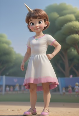 1girl,solo,breasts,looking at viewer,blush,smile,short hair,bangs,brown hair,dress,brown eyes,jewelry,closed mouth,standing,full body,short sleeves,earrings,small breasts,outdoors,horns,sky,shoes,solo focus,day,white dress,blurry,black eyes,tree,see-through,hand on hip,loli,blurry background,sandals,child,single horn,pink footwear,female child,multiple girls,necklace,people