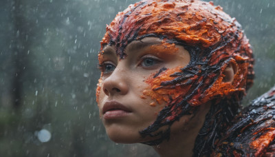 1girl, solo, short hair, parted lips, blurry, lips, blurry background, portrait, freckles, rain, realistic, nose