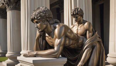 long hair,smile,1boy,jewelry,closed mouth,nipples,collarbone,grey hair,male focus,nude,earrings,multiple boys,shiny,indoors,2boys,muscular,parody,abs,pectorals,muscular male,realistic,manly,pillar,statue,fine art parody,laurel crown,column,solo,short hair,arm support,large pectorals,topless male,hand on own chin,bare pectorals