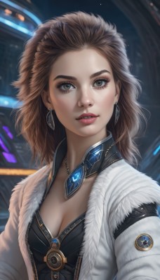 1girl,solo,long hair,breasts,looking at viewer,brown hair,cleavage,brown eyes,jewelry,medium breasts,collarbone,jacket,upper body,earrings,parted lips,open clothes,teeth,medium hair,necklace,blurry,open jacket,lips,coat,fur trim,eyelashes,makeup,blurry background,white jacket,lipstick,forehead,eyeshadow,freckles,realistic,nose,white coat,artist name,gem,pendant