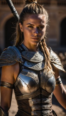 1girl,solo,long hair,breasts,looking at viewer,blonde hair,brown hair,brown eyes,jewelry,closed mouth,upper body,weapon,braid,earrings,sword,dark skin,armor,blurry,dark-skinned female,lips,blurry background,shoulder armor,pauldrons,breastplate,realistic,black hair,polearm,armlet,freckles,spear