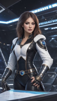 1girl,solo,long hair,breasts,looking at viewer,brown hair,shirt,gloves,long sleeves,cleavage,brown eyes,medium breasts,standing,white shirt,weapon,cowboy shot,parted lips,black gloves,belt,pants,sword,indoors,fingerless gloves,medium hair,lips,fingernails,hand on hip,fur trim,makeup,black pants,lipstick,gauntlets,nose,nail polish,bodysuit,black nails,science fiction,realistic