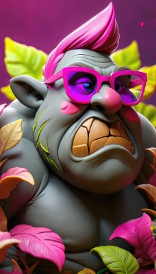 solo,looking at viewer,smile,short hair,blue eyes,1boy,upper body,pink hair,flower,male focus,multicolored hair,glasses,teeth,pointy ears,artist name,grin,blurry,colored skin,leaf,sunglasses,clenched teeth,purple background,tinted eyewear,fat,fat man,petals,blurry background,pink background,plant,furry,pink flower,furry male,multicolored background,pink skin,mohawk