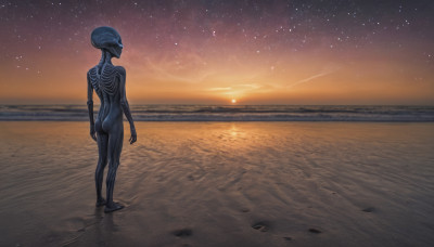 1girl, solo, standing, ass, outdoors, sky, water, ocean, beach, star (sky), starry sky, science fiction, sunset, horizon, space, alien